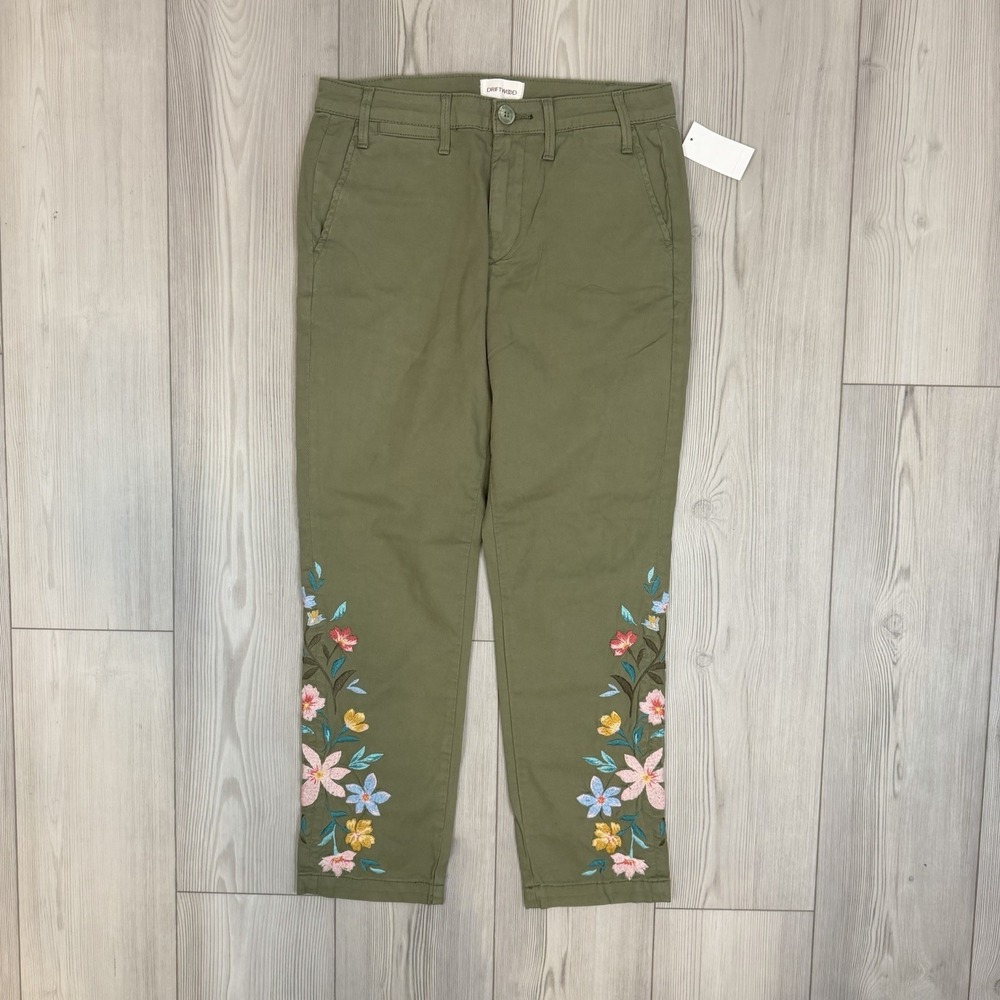NWT Driftwood Hopscotch Embroidered Chino Boyfriend Pants Medium Olive Green